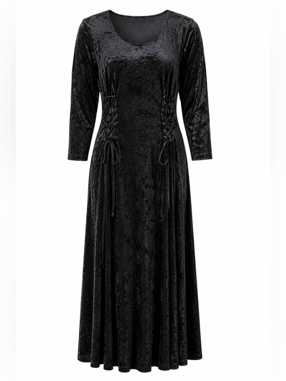 JAMIE BROOKE | Black Crushed Velvet Gothic Maxi Dress Lace Up Waist | 18/20